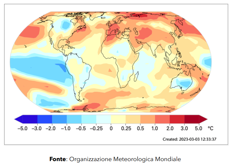 Differenze di temperatura sulla superficie terrestre tra il 2022 e la media 1991-2020